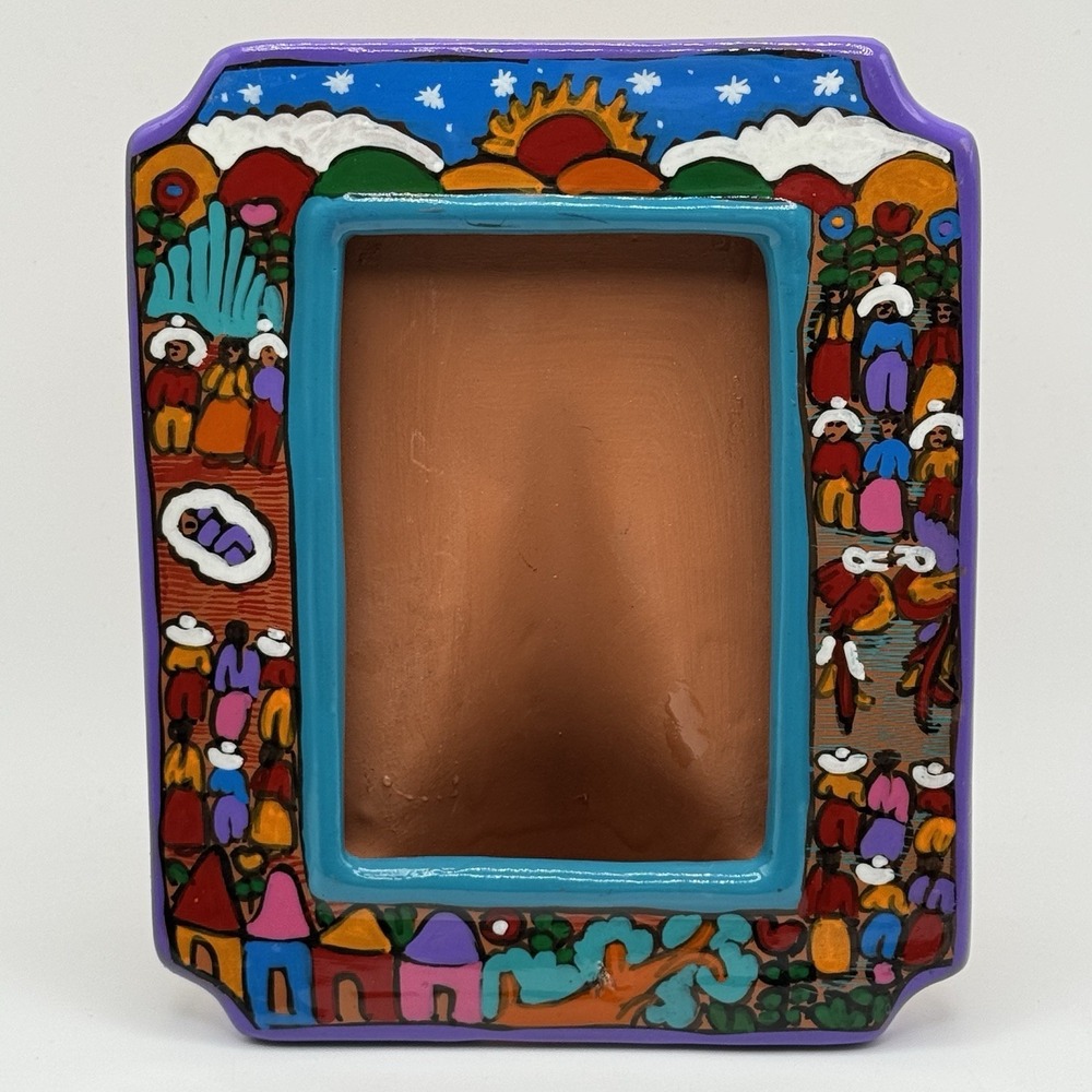 Mexican Folk Art Terracotta Picture Frame Village Scene Sun Barro